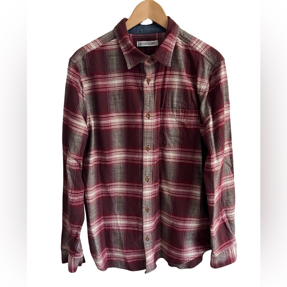 OUTERKNOWN $168 Transitional Slub Flannel Blanket Shirt Shacket Sz L Red Plaid